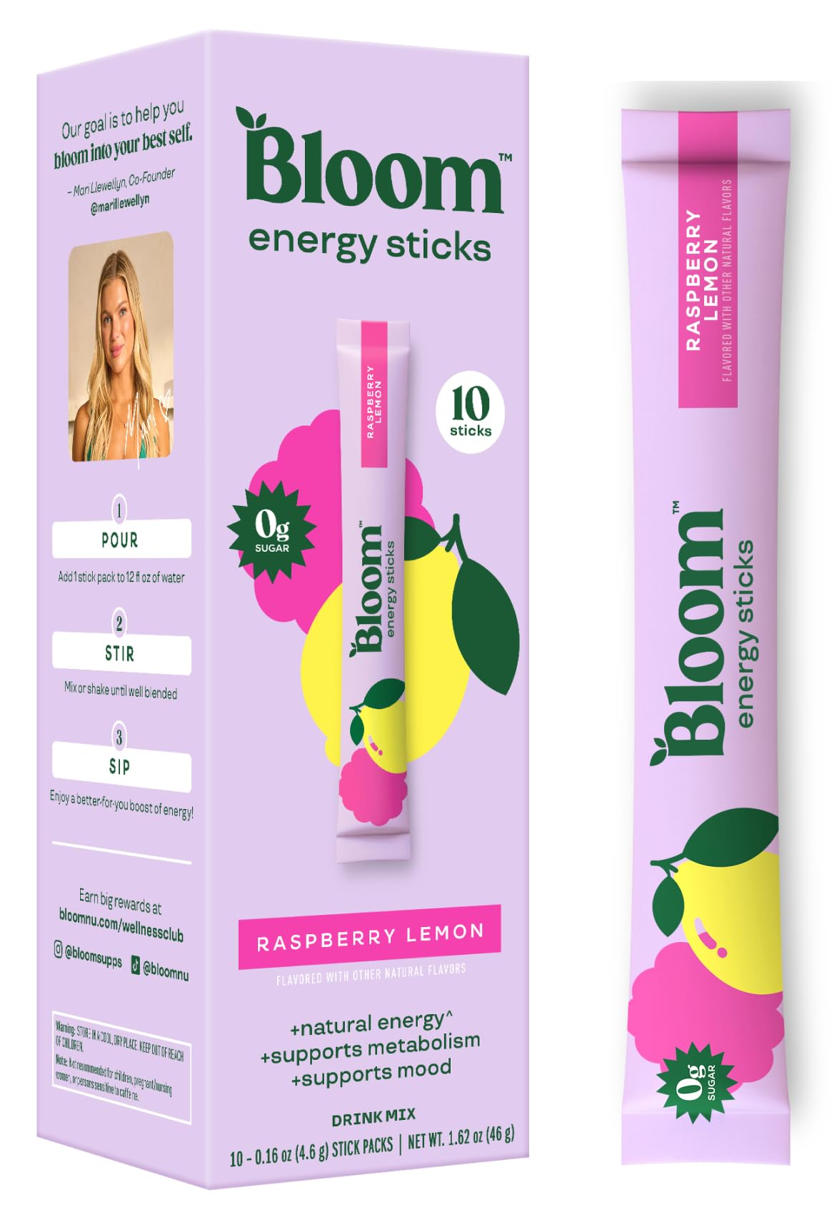 Bloom Nutrition Raspberry Lemonade Sugar Free Energy Drink Powder Packets, On the Go With L-Theanine & B Vitamins, Ideal