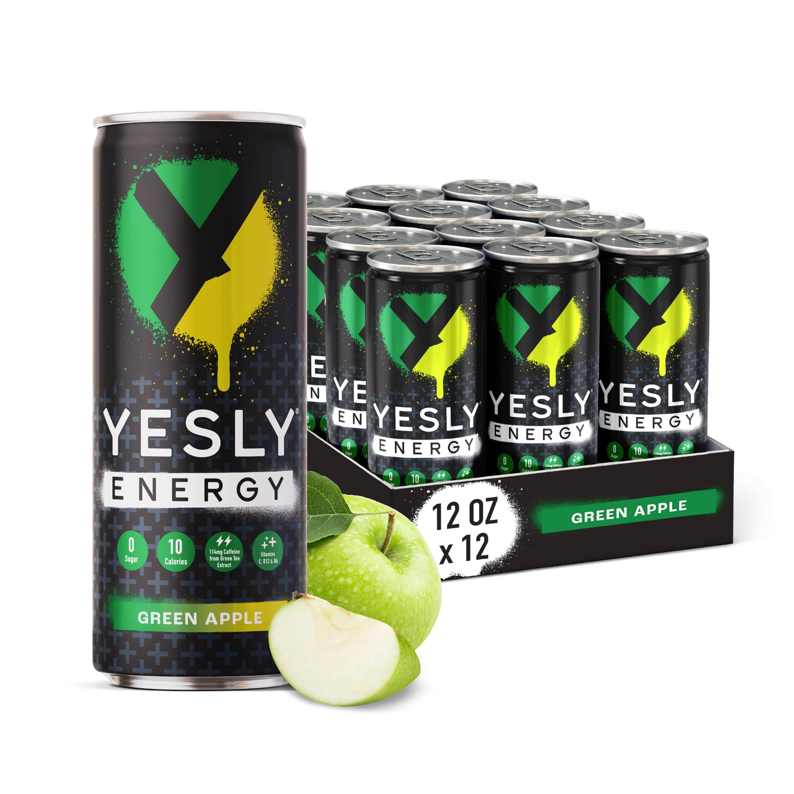 Yesly Green Apple Energy Drink, Naturally Flavored Sparkling, Electrolytes, 12 Fl Oz Cans, 12 Pack  
Yesly Green Apple E