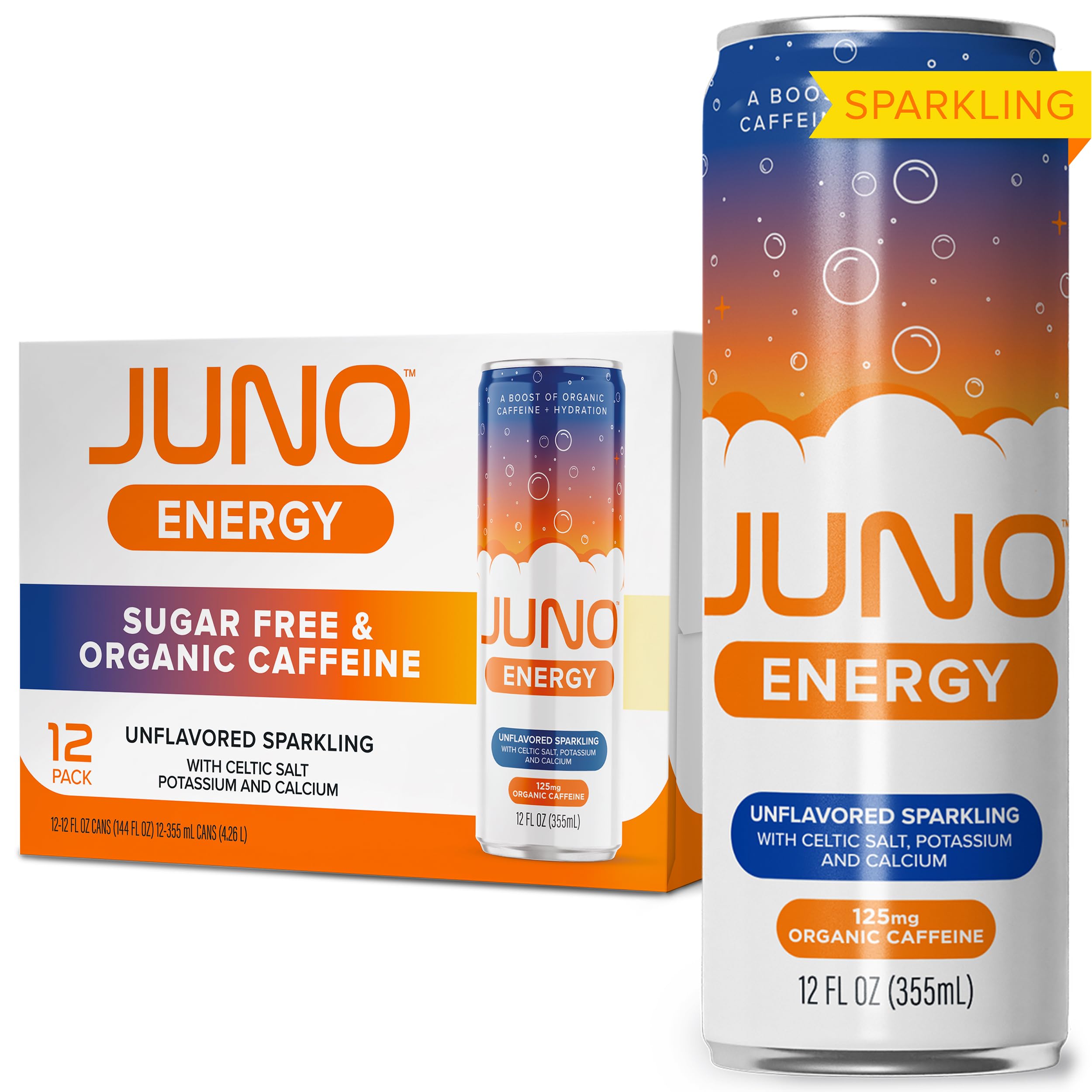 JUNO ENERGY Unflavored Sparkling Drink - Sugar Free Electrolytes, 125mg Organic Caffeine Green Coffee, Celtic Salt & Pot