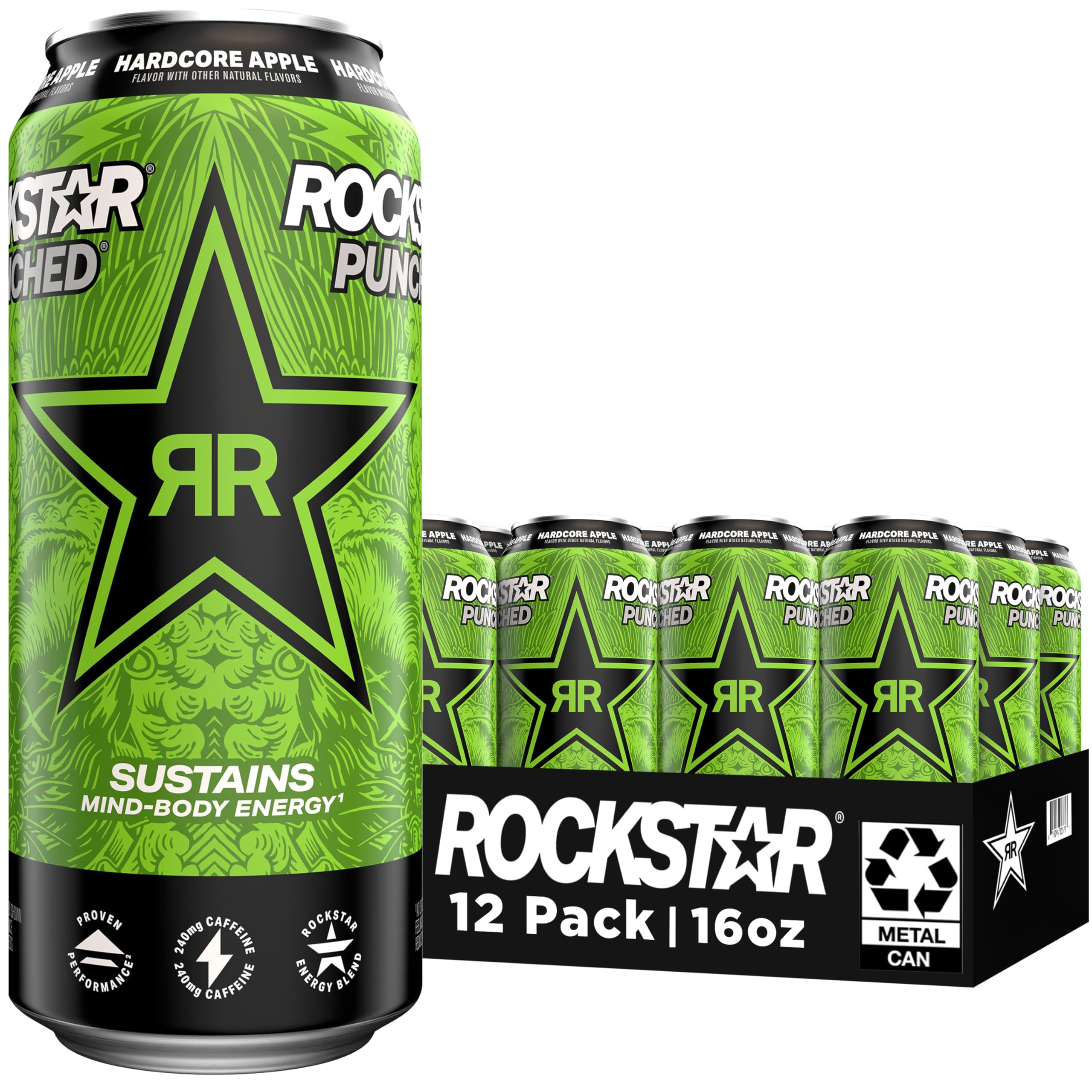 Rockstar Energy Drink Punched Hardcore Apple 16oz Cans for Energy Boost, 12 Pack x High-Stimulation Caffeine Punch Drink